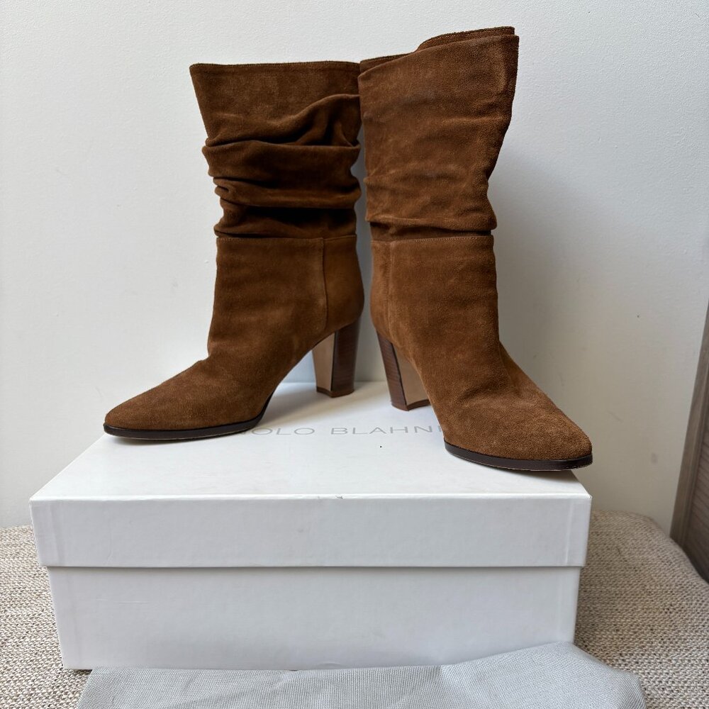 Manolo Blahnik Cognac Suede Slouchy Knight Boots